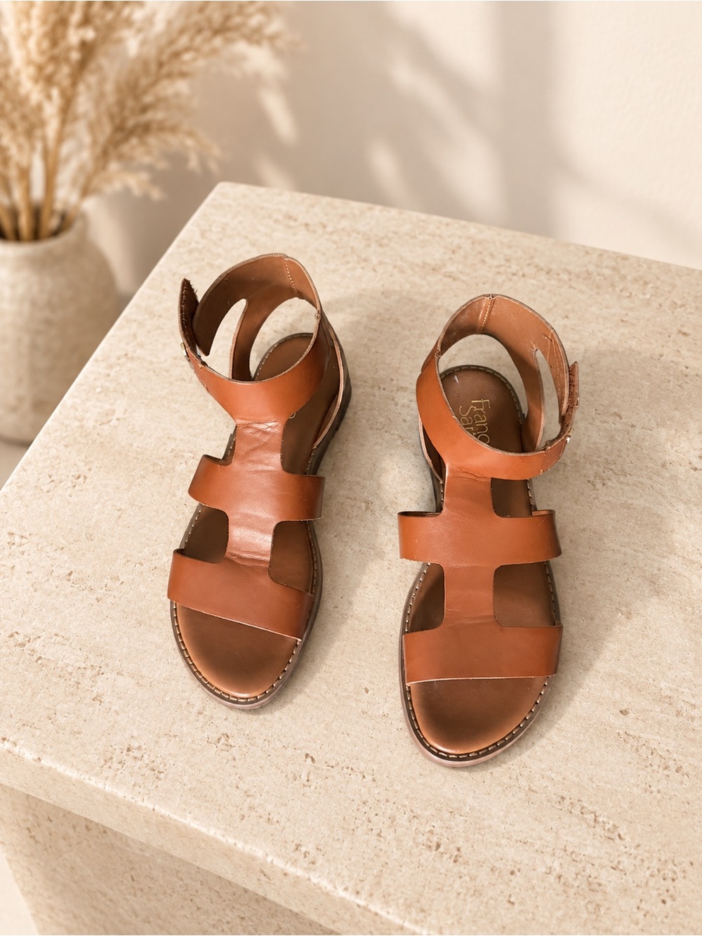 Franco Sarto Cognac Leather Strappy Ankle Sandals